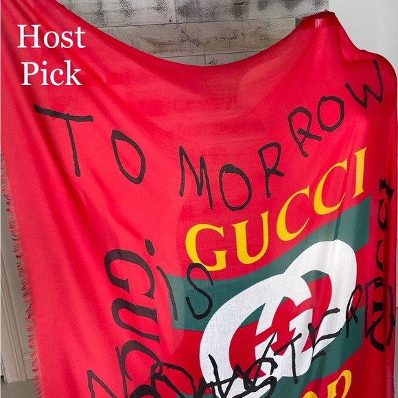 Gucci Accessories - GUCCI Coco Capitan Red Silk Scarf Shawl 494005 Logo Collector Rare Words Luxury
